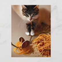 Cat Eating Spaghetti vykort