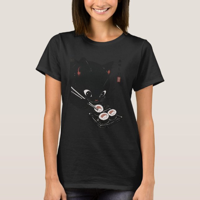Cat Eating Sushi Funny Japanese Kawaii Cat Anime L T Shirt (Framsida)