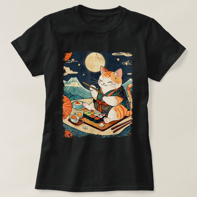 Cat Eating Sushi Japanska Anime Kawaii Cat Ukiyo-E T Shirt (Design framsida)