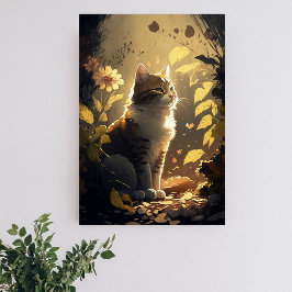 Cat Enjoeing the Sunshine in a Garden of Flowers Poster