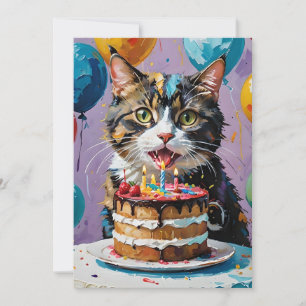 Cat Enjoying Birthday Cake Acrylic Art. Inbjudningar