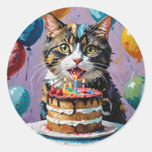 Cat Enjoying Birthday Cake Acrylic Art. Runt Klistermärke
