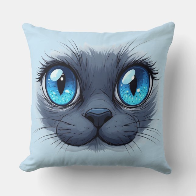 Cat Face Close Up Blue Eyes Kitty Illustratio Kudde (Framsida)