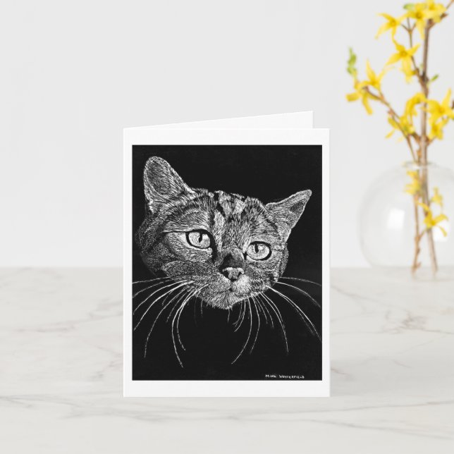 Cat Face Scratch Board Drawing card   Kort (Gul blomma)