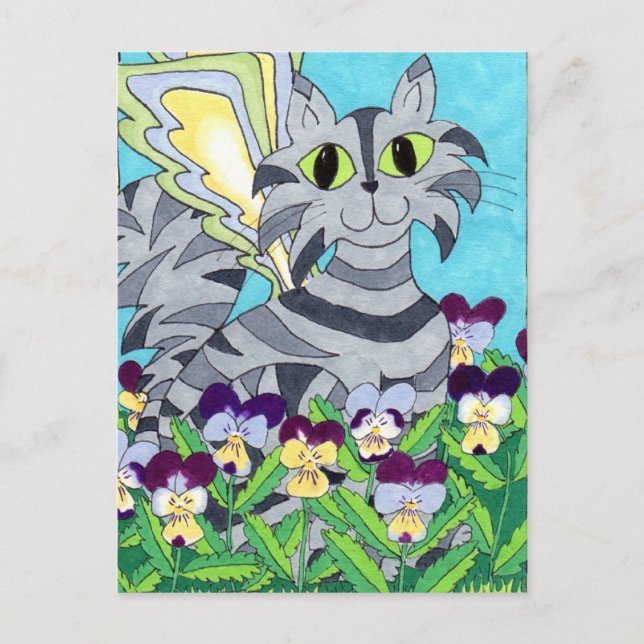 Cat Fairy with Pansies Vykort (Framsida)