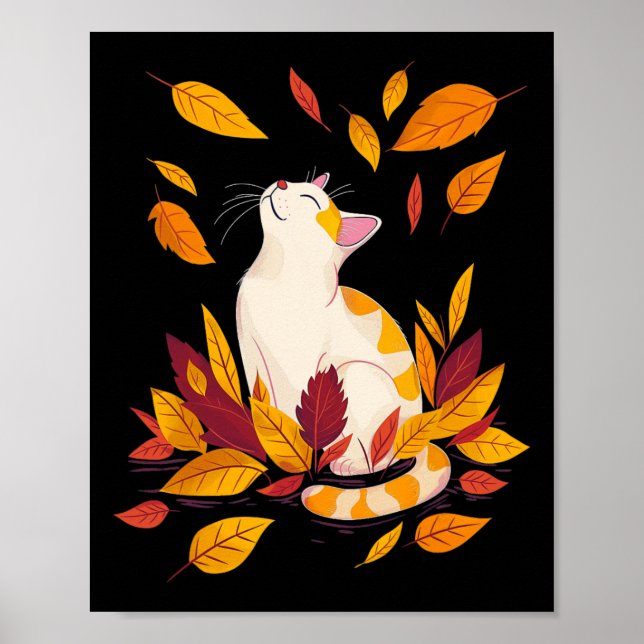 Cat Fall Löv Träd Hej Hösthösten Thanksgiving Poster (Framsidan)