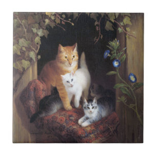 Cat Family och Ivy Löv av Henriette Ronner-Knip Kakelplatta