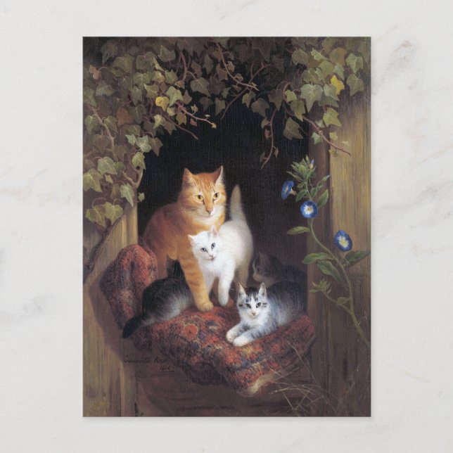 Cat Family och Ivy Löv av Henriette Ronner-Knip Vykort (Framsida)