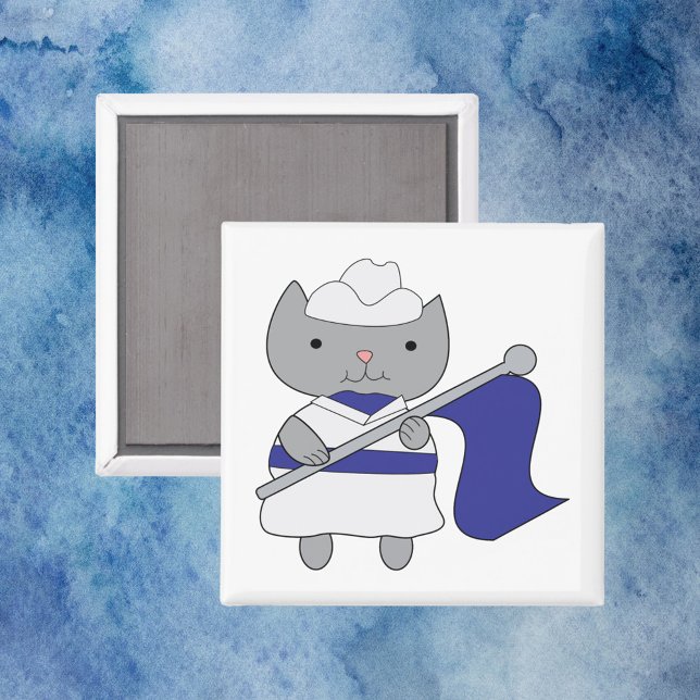 Cat Färg Guard Blue White Magnet (A magnet with a gray kitty cat wearing a blue and white color guard uniform.)