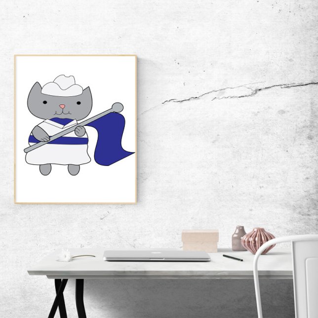 Cat Färg Guard Blue White Poster (A poster of a gray cat in a blue and white color guard uniform complete with flag.)