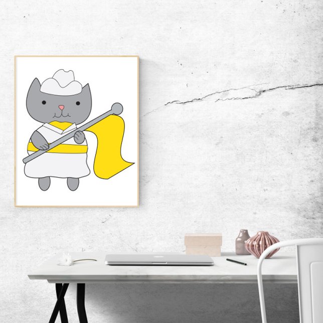 Cat Färg Guard Gult och White Poster (A poster featuring a gray cat in a yellow & white color guard uniform.)