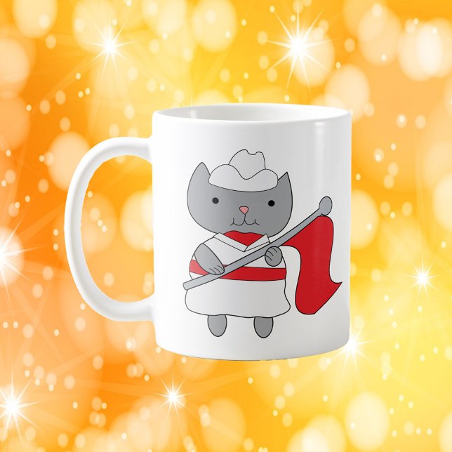 Cat Färg Guard Red White Kaffemugg (A mug with a gray cat wearing a red and white color guard uniform.)