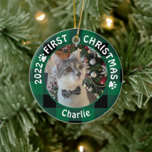 Cat FIRST CHRISTMAS Grönt Buffalo Play 2 Photo Julgransprydnad Keramik