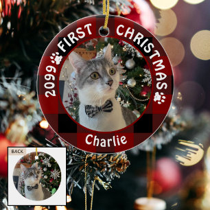 Cat FIRST CHRISTMAS Red Buffalo Play 2 Photo Julgransprydnad Keramik