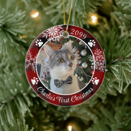 Cat First jul Red Black Play Photo Julgransprydnad Keramik