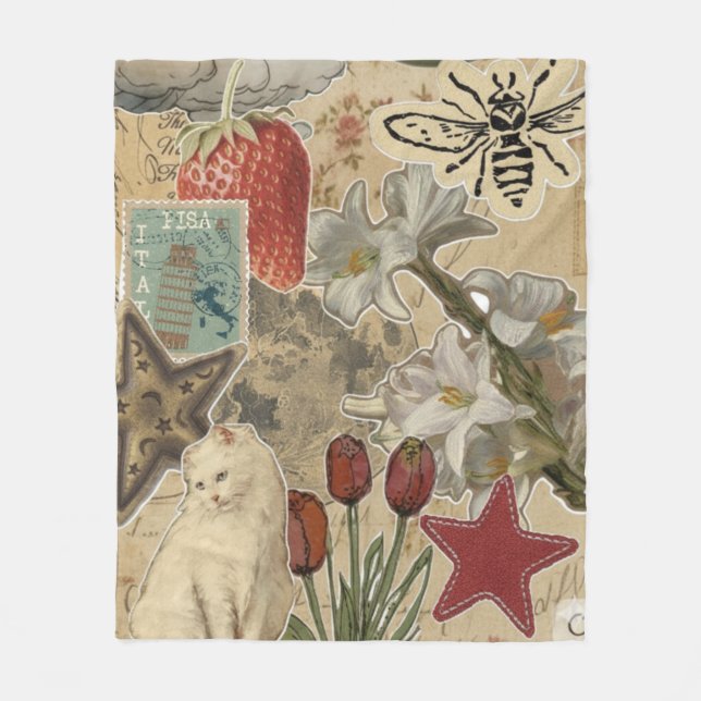 Cat Floral Collage Pattern – Cute Artistic Design Fleecefilt (Framsidan)