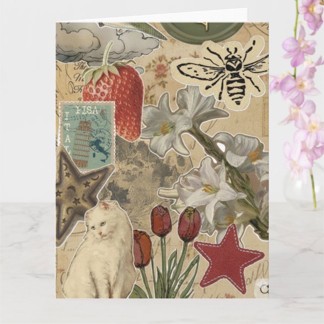 Cat Floral Collage Pattern – Cute Artistic Design Kort (Orkide)
