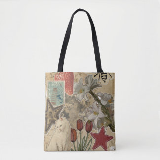 Cat Floral Collage Pattern – Cute Artistic Design Tygkasse