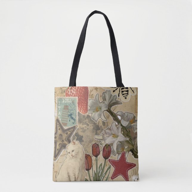 Cat Floral Collage Pattern – Cute Artistic Design Tygkasse (Framsida)