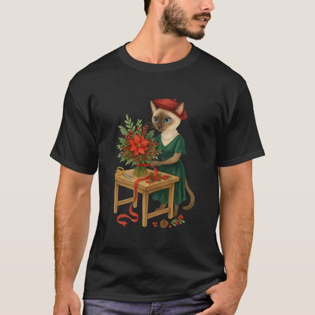 Cat Florist arrangerar blommor till jul T Shirt (Framsida)