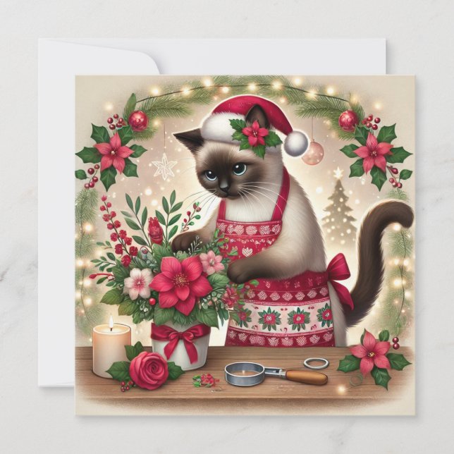 Cat Florist med blommor jul Hälsning Julkort (Framsida)