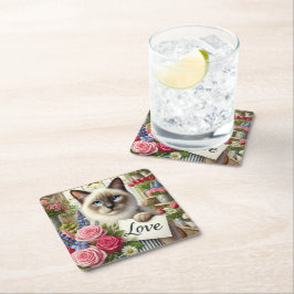 Cat Florist med Kärlek-kort Underlägg Papper Kvadrat