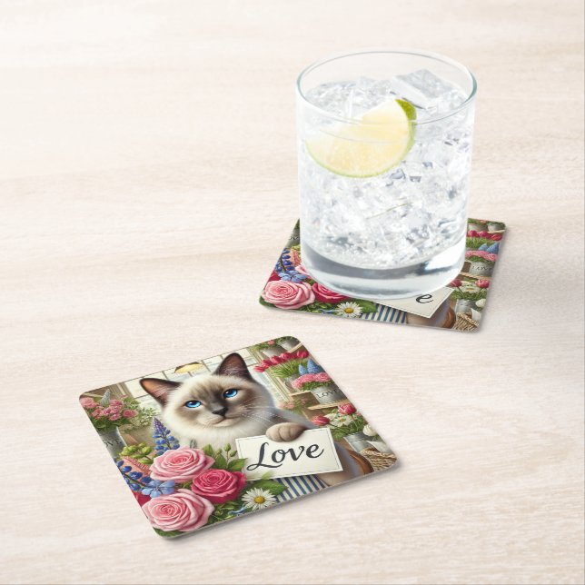 Cat Florist med Kärlek-kort Underlägg Papper Kvadrat (Insitu)