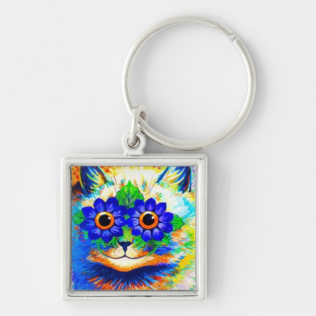 Cat Flower Öga Fyrkantig Silverfärgad Nyckelring (Framsidan)