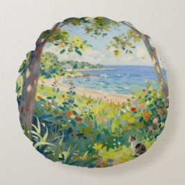 Cat Flowers And Sea Rund Kudde