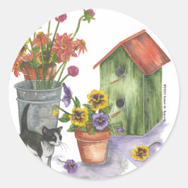 Cat Flowers Birdhouse Watercolor "Willie" Runt Klistermärke