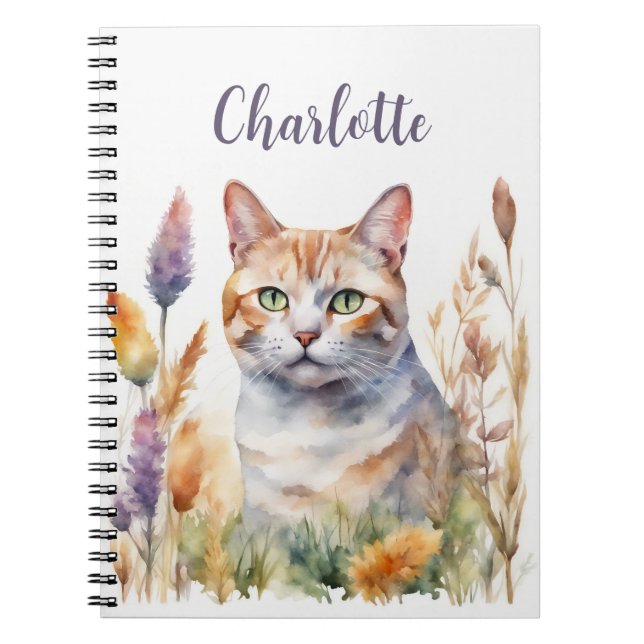 Cat Flowers Watercolor Add Namn Lavender Orange Anteckningsbok (Framsidan)