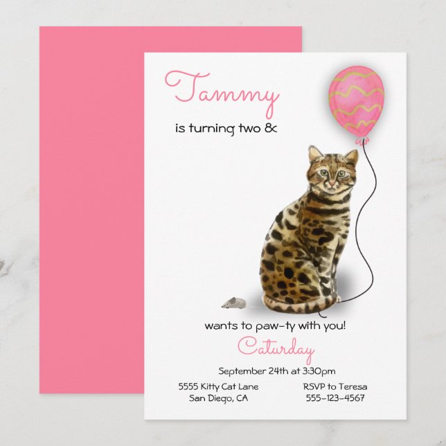 Cat Födelsedagsfest inbjudan (Fram/baksida)