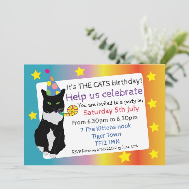 Cat födelsedagsfest inbjudan roligt-husdjur firand (Stående Fram)