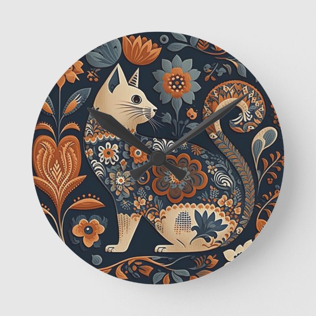 Cat folk art dekoration rund klocka (Framsida)