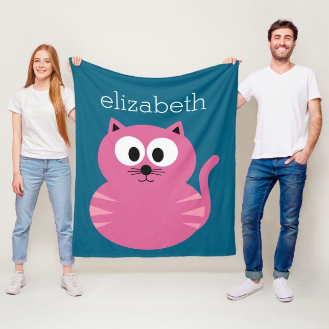 Cat för Rosa Tjock - blå bakgrund Fleecefilt (På plats)