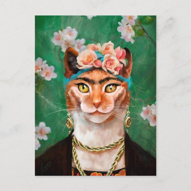 cat Frida med blommor Vykort (Framsida)