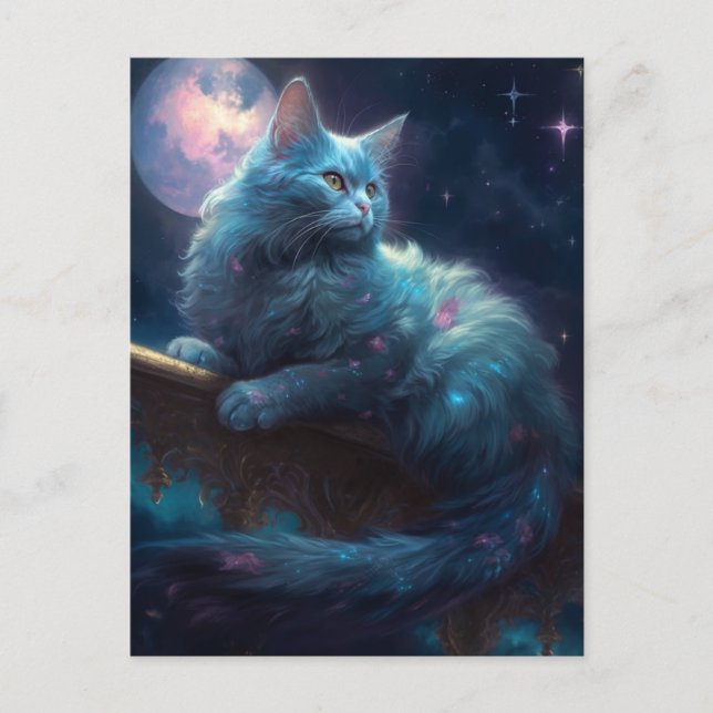 Cat Full Moon Fantasy Art Vykort (Framsida)