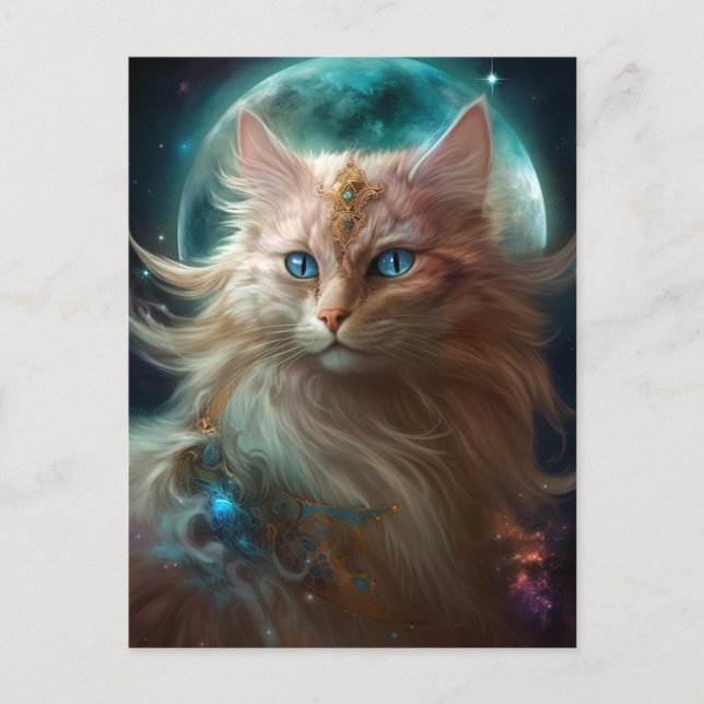 Cat Full Moon Fantasy Art Vykort (Framsida)