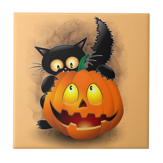 Cat Fun Halloween Character biting a Pumpkin  Kakelplatta (Framsidan)
