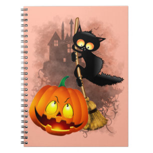 Cat Fun Halloween Character scared by a Pumpkin Anteckningsbok