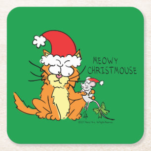 Cat Funny jul Tecknad Cute Mouse Underlägg Papper Kvadrat