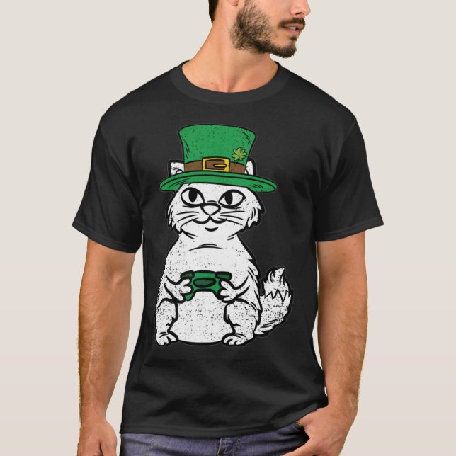 Cat Gamer St Patricks Day Funny Video-game Control T Shirt (Framsida)