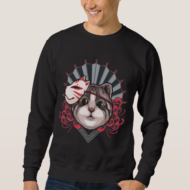 Cat Geisha Mask japansk kulturkitten Lång Ärmad Tröja (Framsida)
