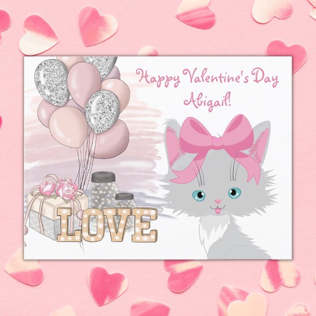 Cat Glad Valentine Day Cute Kids Kitten Vykort (Skapare uppladdad)