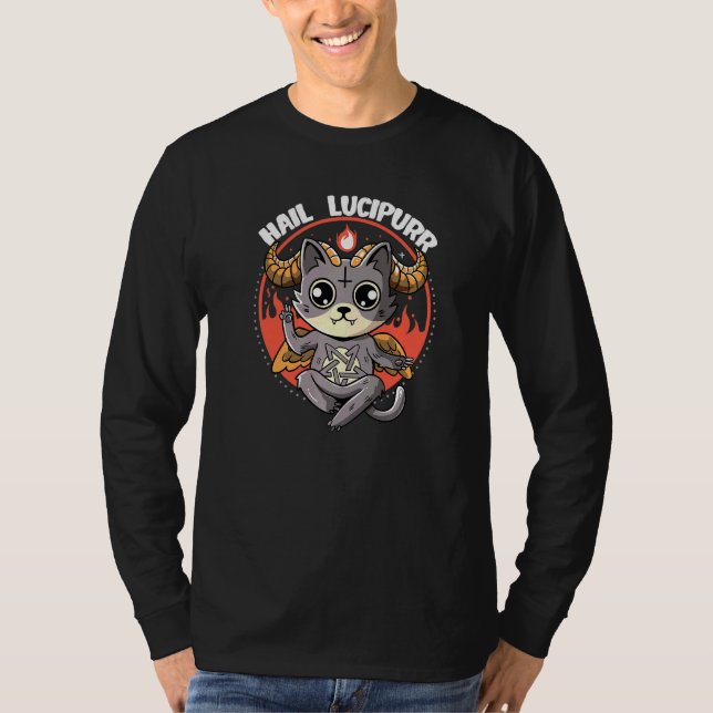 Cat Goth Djävulen Lucifer Pentagram Mephistopheles T Shirt (Framsida)