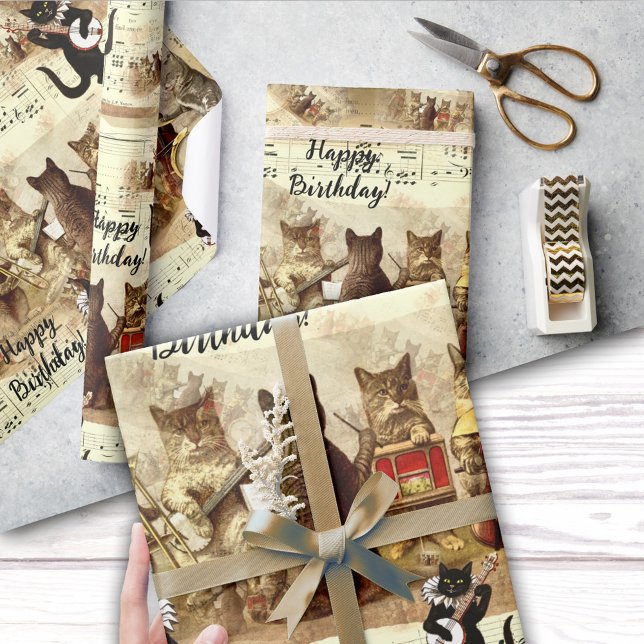 Cat Grattis på födelsedagen Sång Orchestra Presentpapper (Cute vintage pattern wrapping paper featuring a cat orchestra singing a happy birthday song)