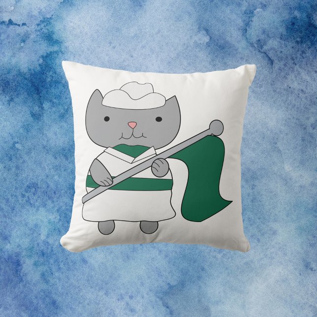 Cat Grönt White Färg Guard Kudde (A cute pillow with a gray cat wearing a green and white color guard uniform.)