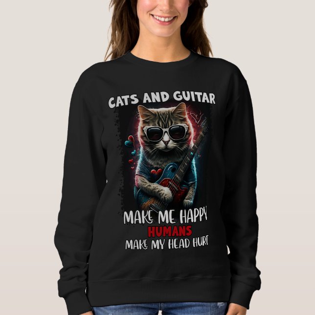 Cat & Guitar Make Me Happy Humans Make My Head Hur T Shirt (Framsida)