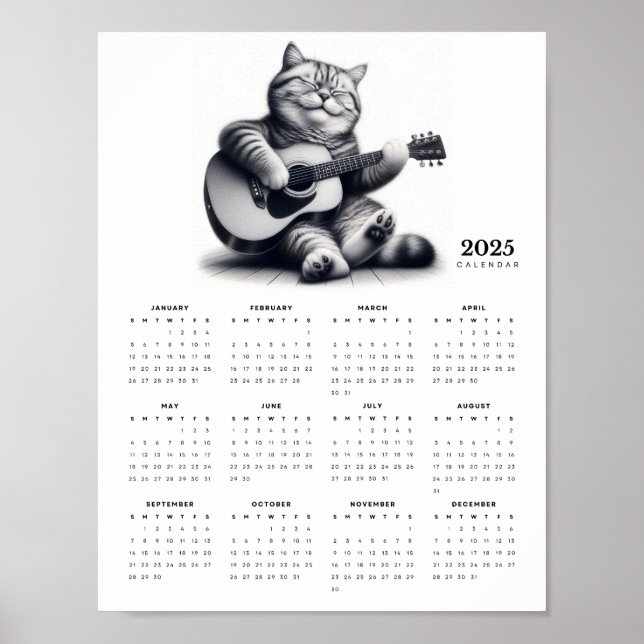 Cat Guitarist 2025 Calendar Musical Kattdjur Bra Poster (Framsidan)