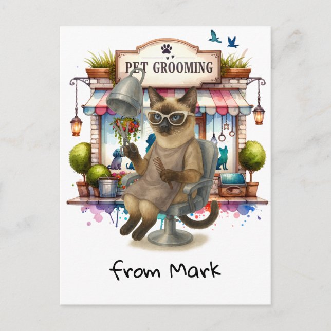 Cat Hairdresser Pet Grooming vattencolor stil Vykort (Framsida)